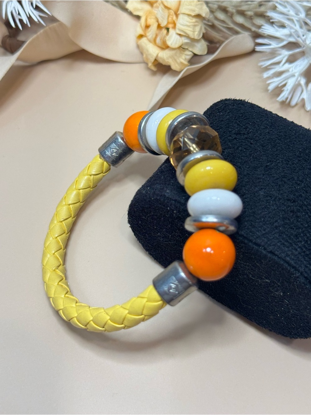 Vintage Yellow Braided Beaded Statement Bracelet Orange White Silver Tone